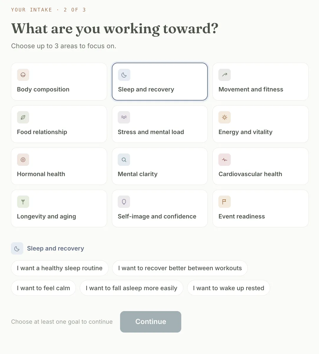 Step two of Grove's guided onboarding: a focus-area picker titled What are you working toward, with Sleep and recovery selected and a row of suggested goals beneath it.