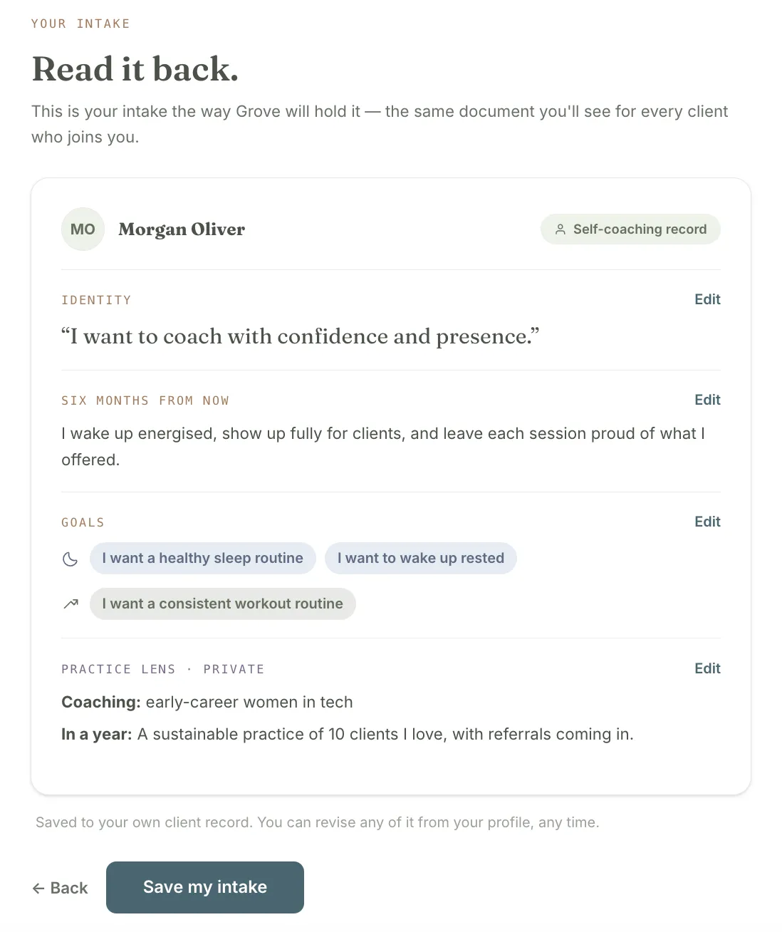 The final onboarding screen, Read it back, showing the coach's own intake as a single record: an identity line, a six-months-from-now vision, chosen goals, and a private practice lens.