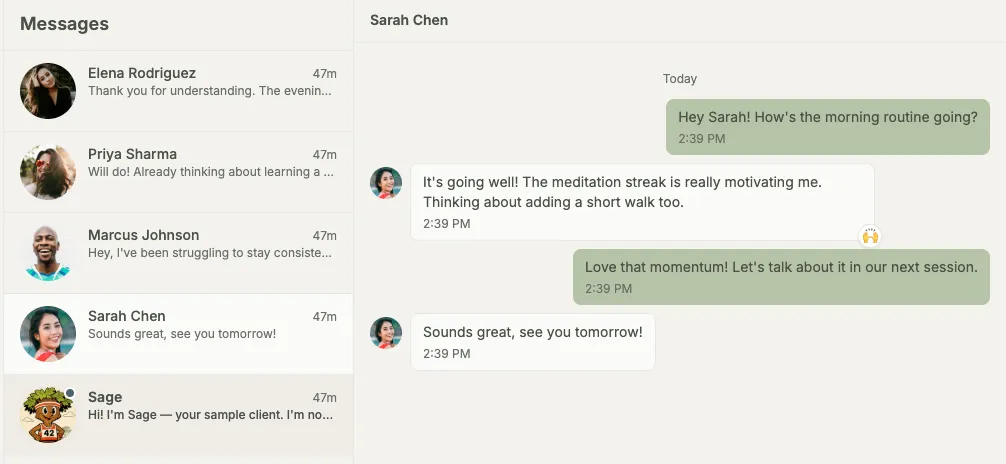 Coach and client asynchronous messaging thread