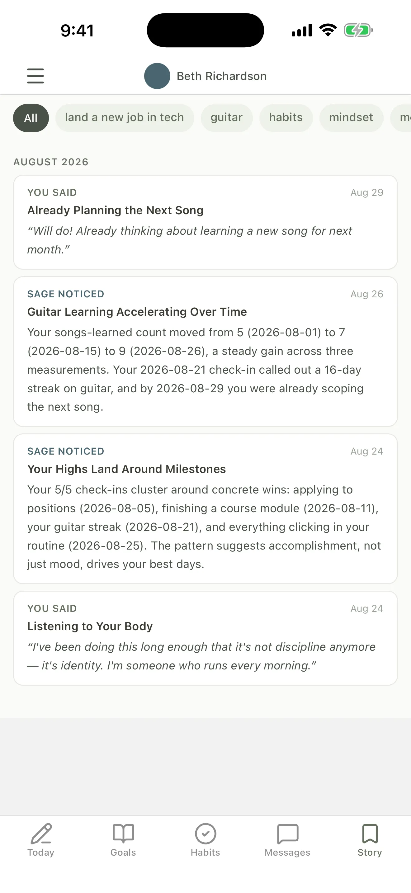 Grove's Story timeline in the mobile app: dated moments Sage noticed, in the client's own words, grouped by theme.