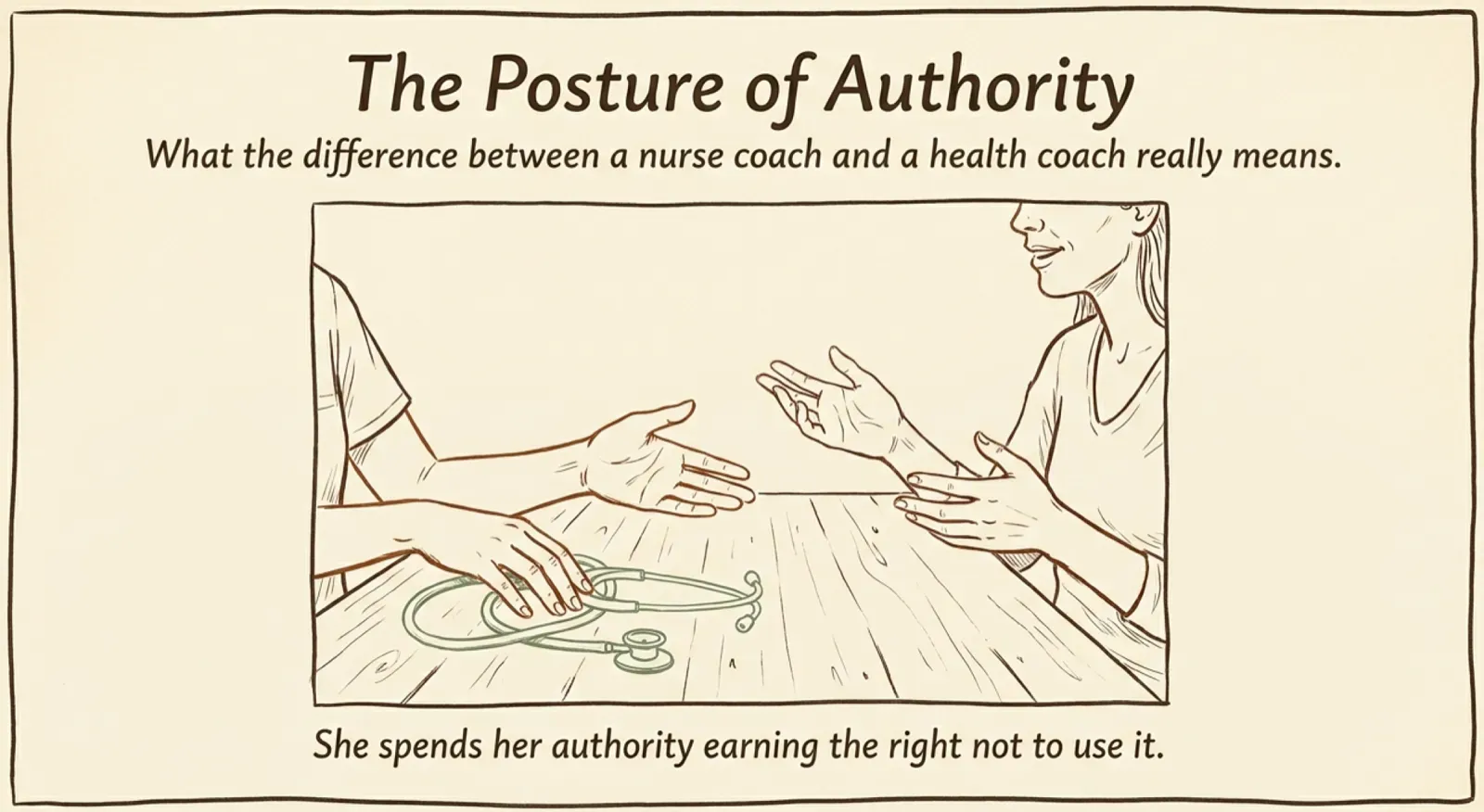 A hand-drawn illustration titled 'The Posture of Authority.' Across a wooden table, a nurse's hands rest beside a stethoscope she has set down, while she reaches an open hand toward a client who is speaking with open, gesturing hands. Subtitle: 'What the difference between a nurse coach and a health coach really means.' Caption: 'She spends her authority earning the right not to use it.'