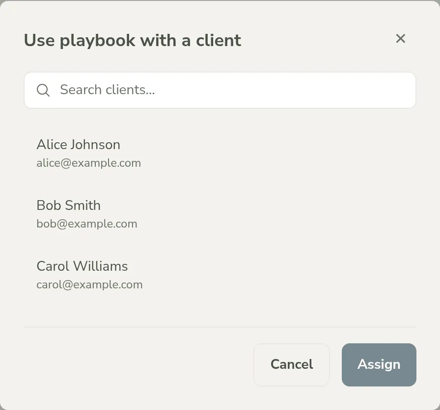 The Use playbook with a client dialog, searching and selecting a client to assign to