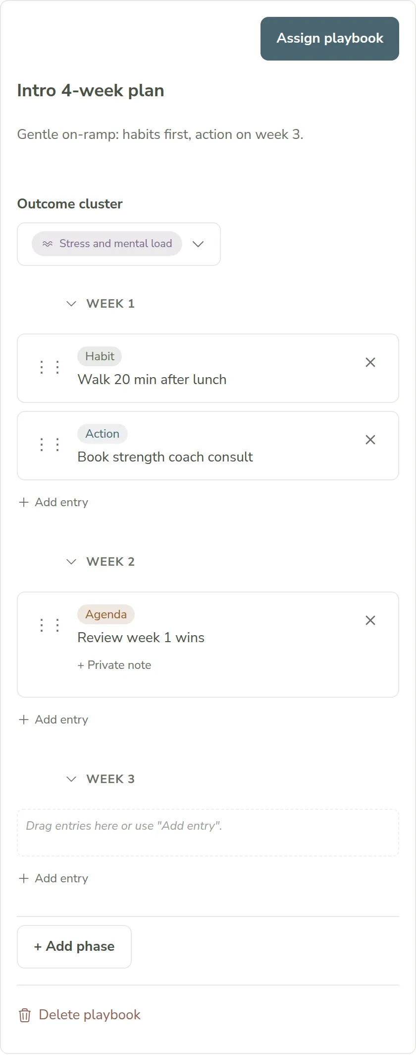 The playbook editor drawer with entries grouped into Week 1 and Week 2 phases