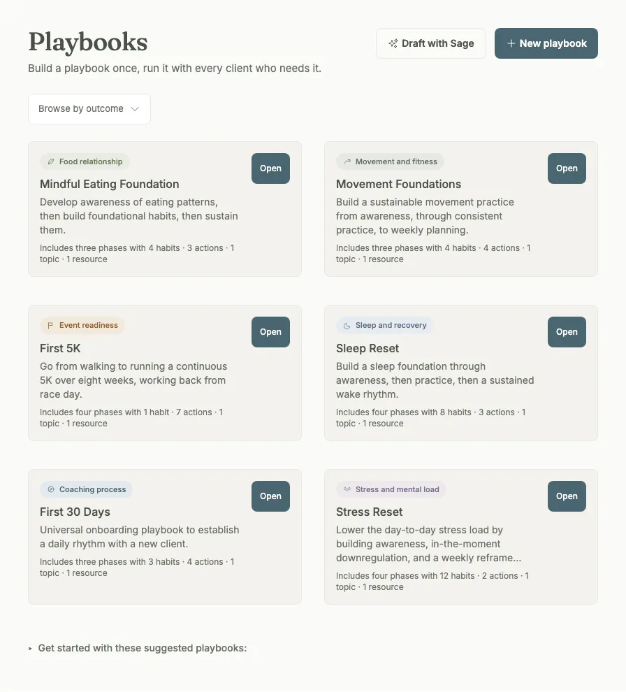 Starter playbooks: pre-built program templates so week one is never a blank page