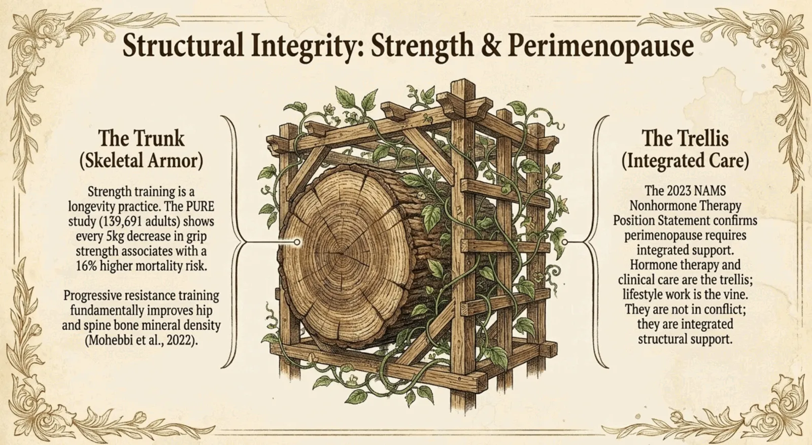 Vintage botanical illustration of a thick tree trunk wrapped in a wooden trellis with green vines climbing through it, illustrating the relationship between strength training (the trunk, skeletal armor) and perimenopause care (the trellis, integrated lifestyle plus clinical support).