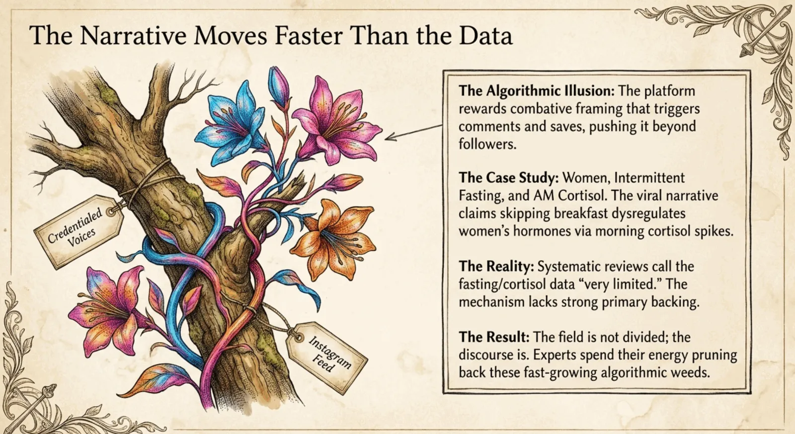 Vintage botanical illustration of a weathered tree trunk labeled 'Credentialed Voices' with bright multicolored flowering vines labeled 'Instagram Feed' winding through and overtaking it, captioned 'The Narrative Moves Faster Than the Data.' A side panel walks through the algorithmic illusion, the intermittent fasting and morning cortisol case study, the systematic-review reality, and the resulting field-vs-discourse split.