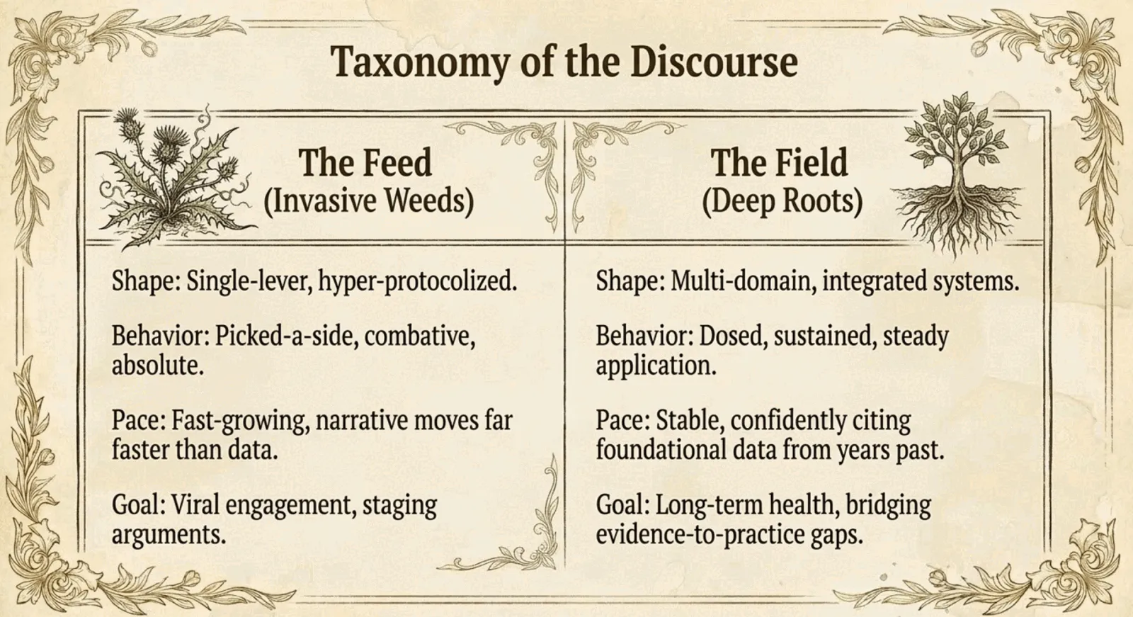 Vintage botanical-styled comparison table titled 'Taxonomy of the Discourse' with two columns: 'The Feed (Invasive Weeds)' on the left, illustrated with a thistle, and 'The Field (Deep Roots)' on the right, illustrated with a rooted tree. Across four rows — shape, behavior, pace, and goal — the feed reads single-lever, picked-a-side, fast-growing, and viral; the field reads multi-domain, dosed and sustained, stable, and oriented toward long-term health.