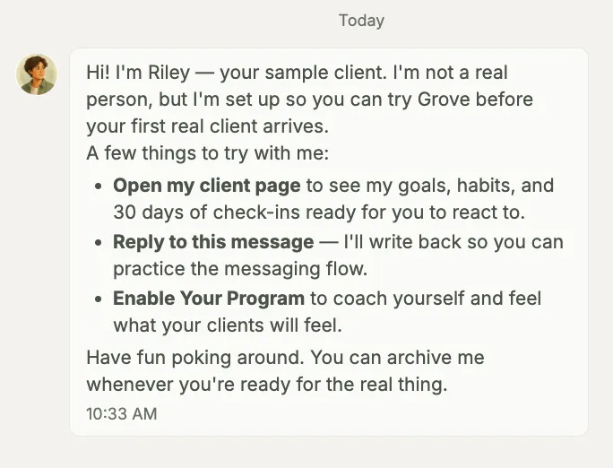 Riley's welcome message in the messages drawer, a friendly note from the sample client suggesting things for the coach to try