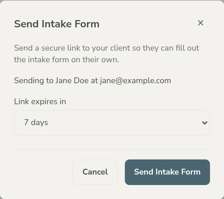 The Send Intake Form dialog, confirming who the link goes to and how long it stays valid before sending