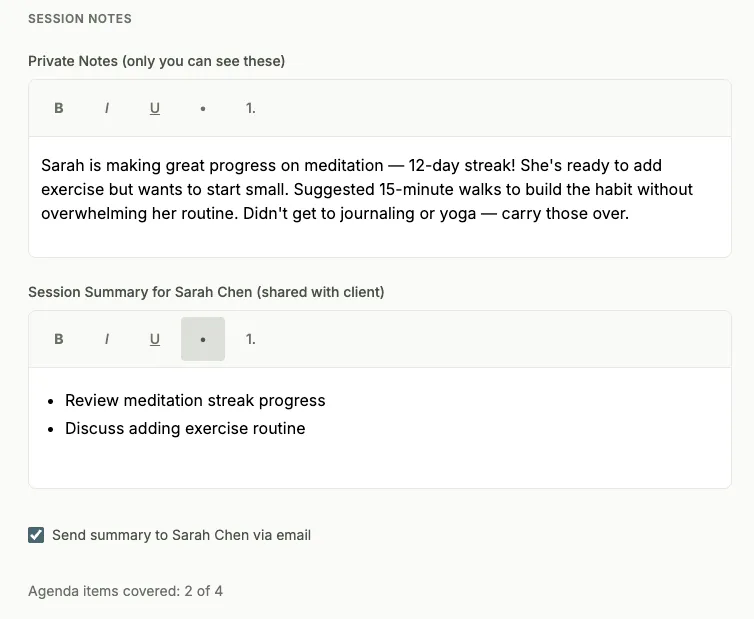 Private coach notes and a client-facing session summary, with a checkbox to email the summary and a count of agenda items covered