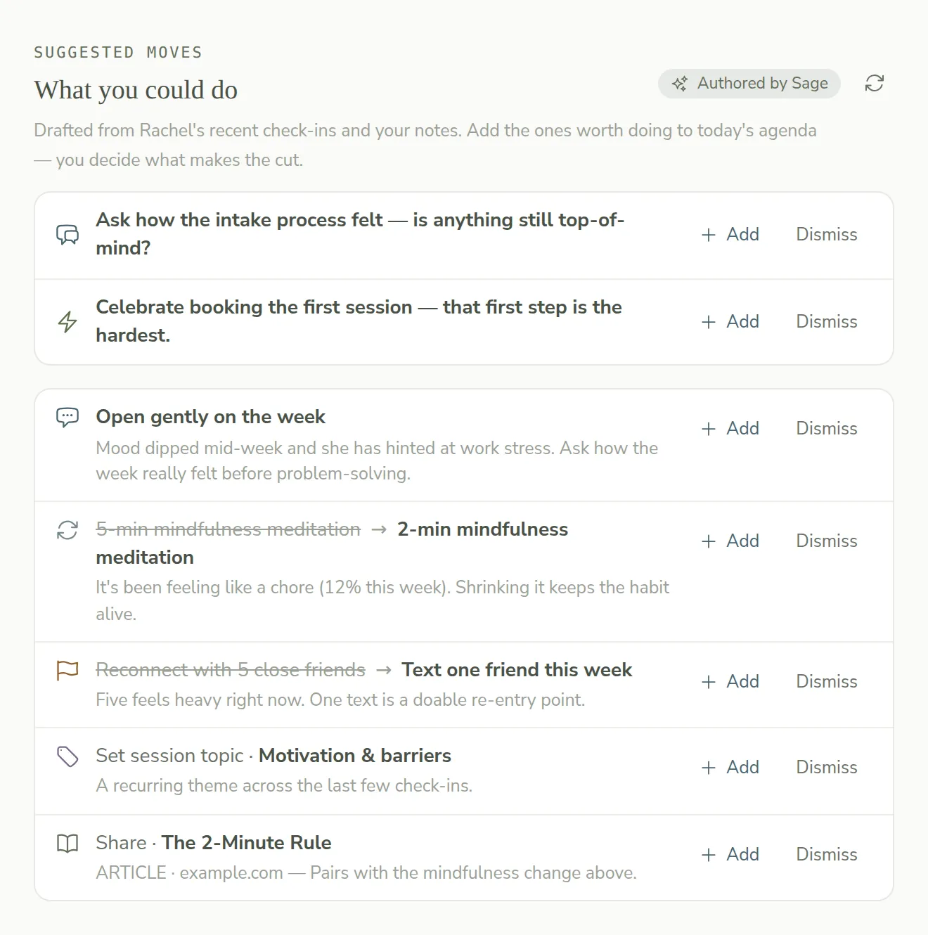 Suggested moves during session prep, drafted from a first session's intake answers alongside the week's check-ins