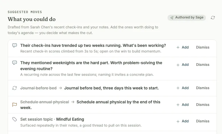 Suggested moves drafted by Sage: conversation starters, reframes, a session topic, and resources to share.