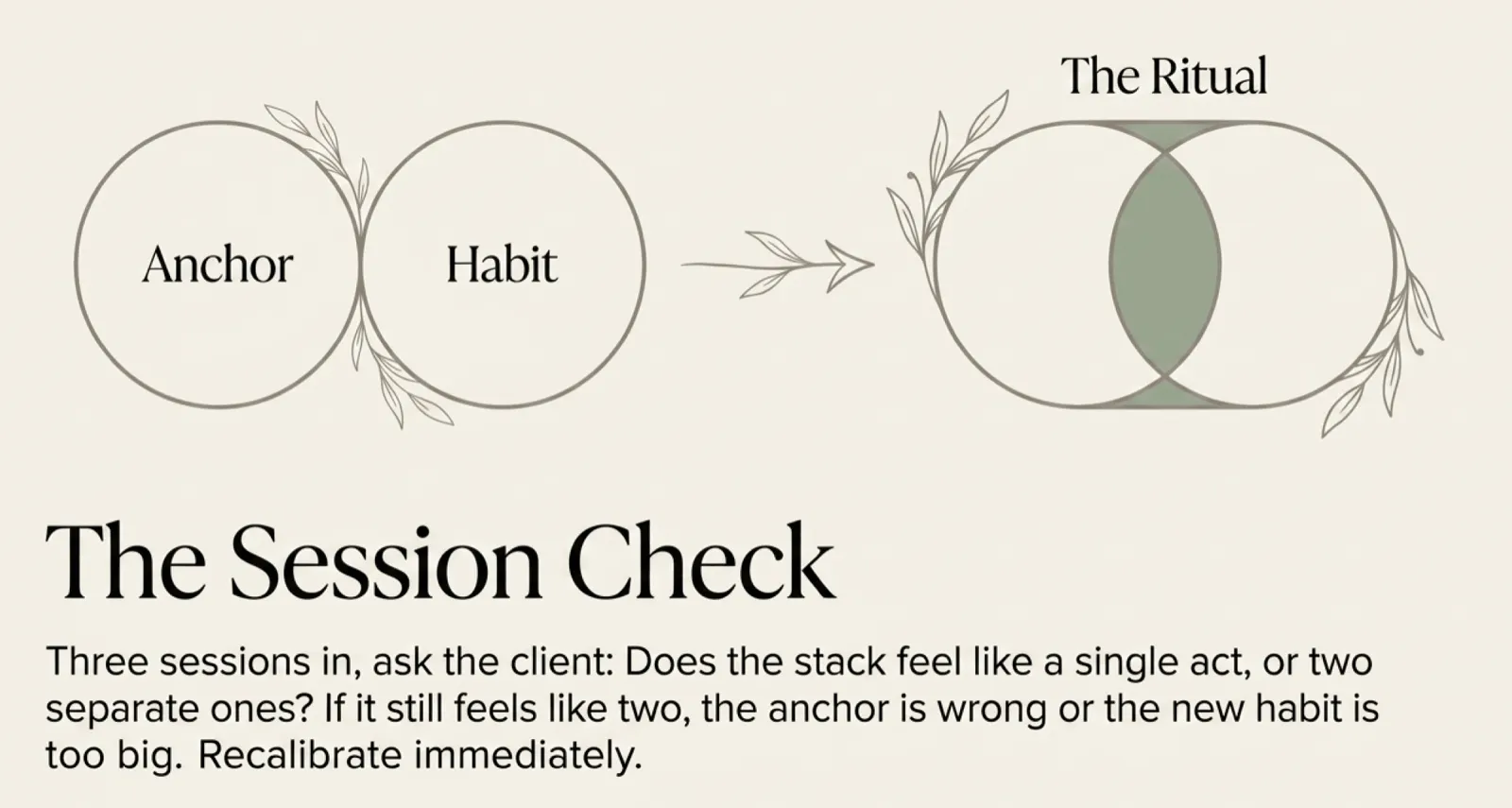 A diagram titled "The Session Check." Two overlapping circles labeled "Anchor" and "Habit" sit on the left. An arrow points right to a single fused shape labeled "The Ritual," surrounded by a soft leafy border. Footer: "Three sessions in, ask the client: does the stack feel like a single act, or two separate ones? If it still feels like two, the anchor is wrong or the new habit is too big. Recalibrate immediately."