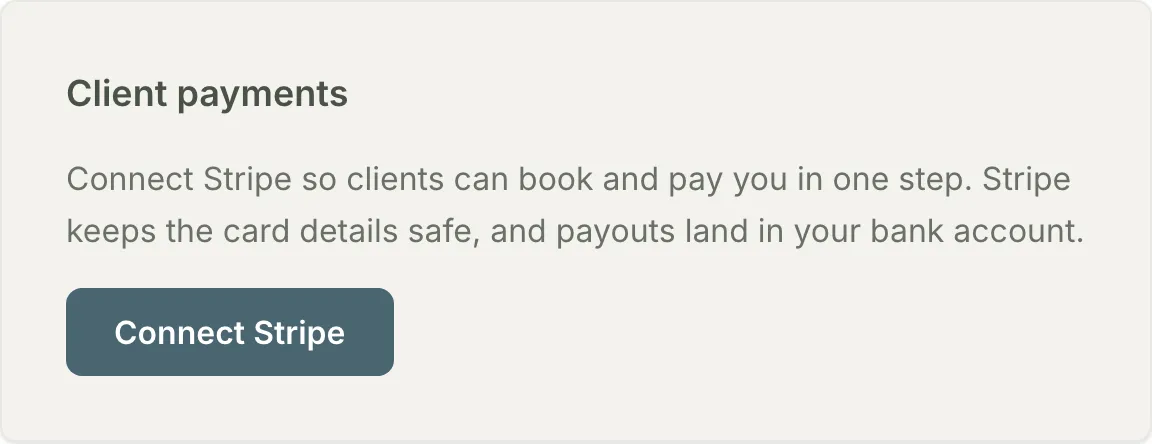The Client payments card in Settings, with the Connect Stripe button