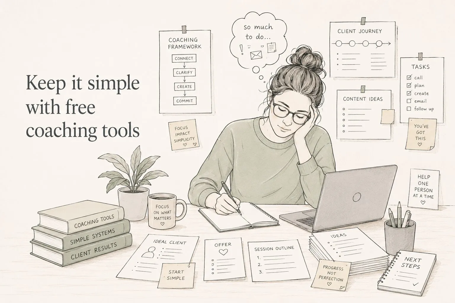 A hand-drawn illustration of a health coach at her desk, thoughtful amid pinned-up coaching frameworks, task lists, and content plans, grounded by sticky notes reading start simple, focus on what matters, and help one person at a time.