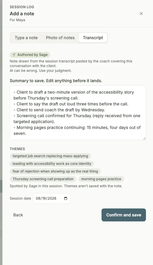 The transcript drawer up close: the Authored by Sage label, the editable draft, themes Sage spotted in the session, and the session date.