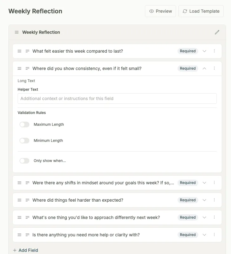 The Weekly Reflection form open in the form builder, showing the default six questions with one expanded to show its Long Text settings