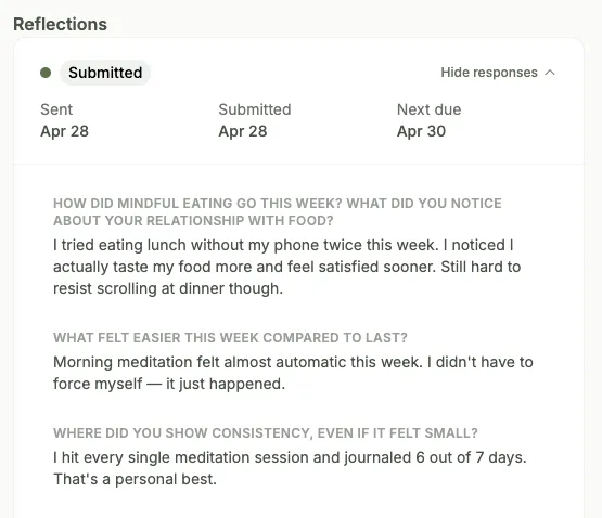 Weekly reflections: client's own words captured across the program